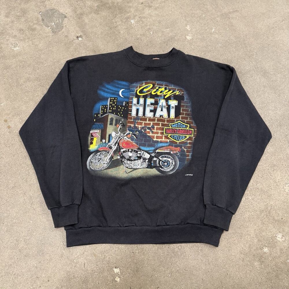 Harley Davidson 90s Crewneck City Heat Sweatshirt Biker Black USA Adult Sz Large